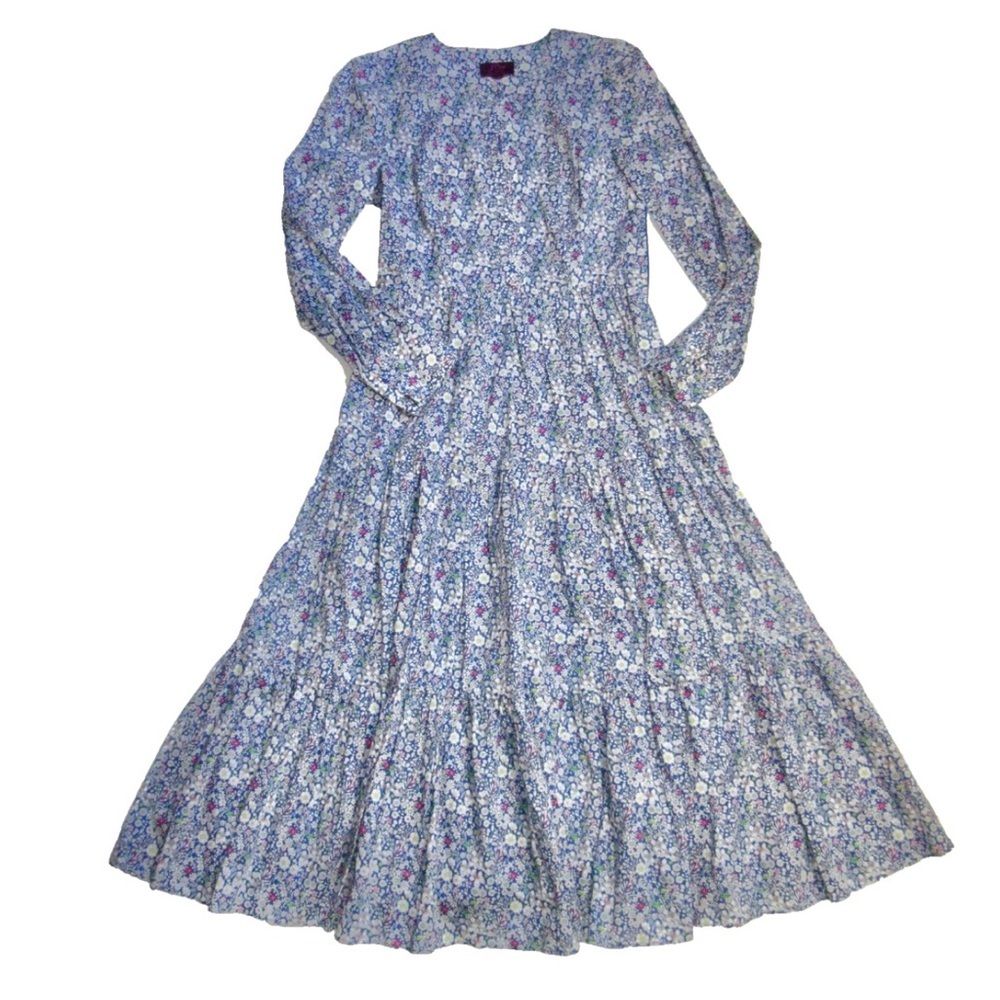 NWT J. Crew Blue Floral Tiered Liberty Long Sleeve Dress-4 - Picture 2 of 7